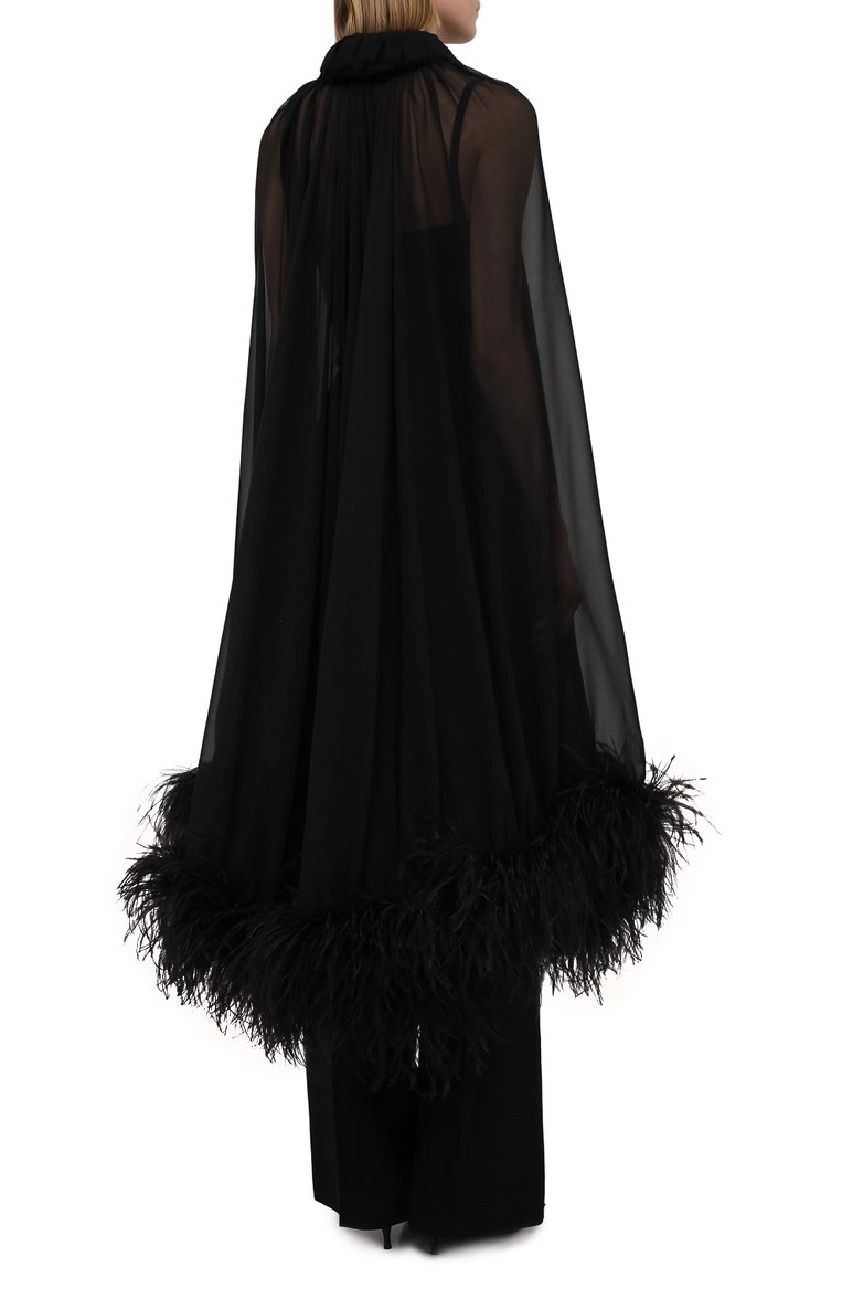 Женская шелковая накидка с отделкой перьями SAINT LAURENT черного цвета, арт. 659131/Y115W | Фото 4 (Стили: Романтичный; Материал внешний: Шелк; Длина (верхняя одежда): Длинные; Региональные ограничения белый список (Axapta Mercury): RU, Не проставлено; Кросс-КТ: Куртка)