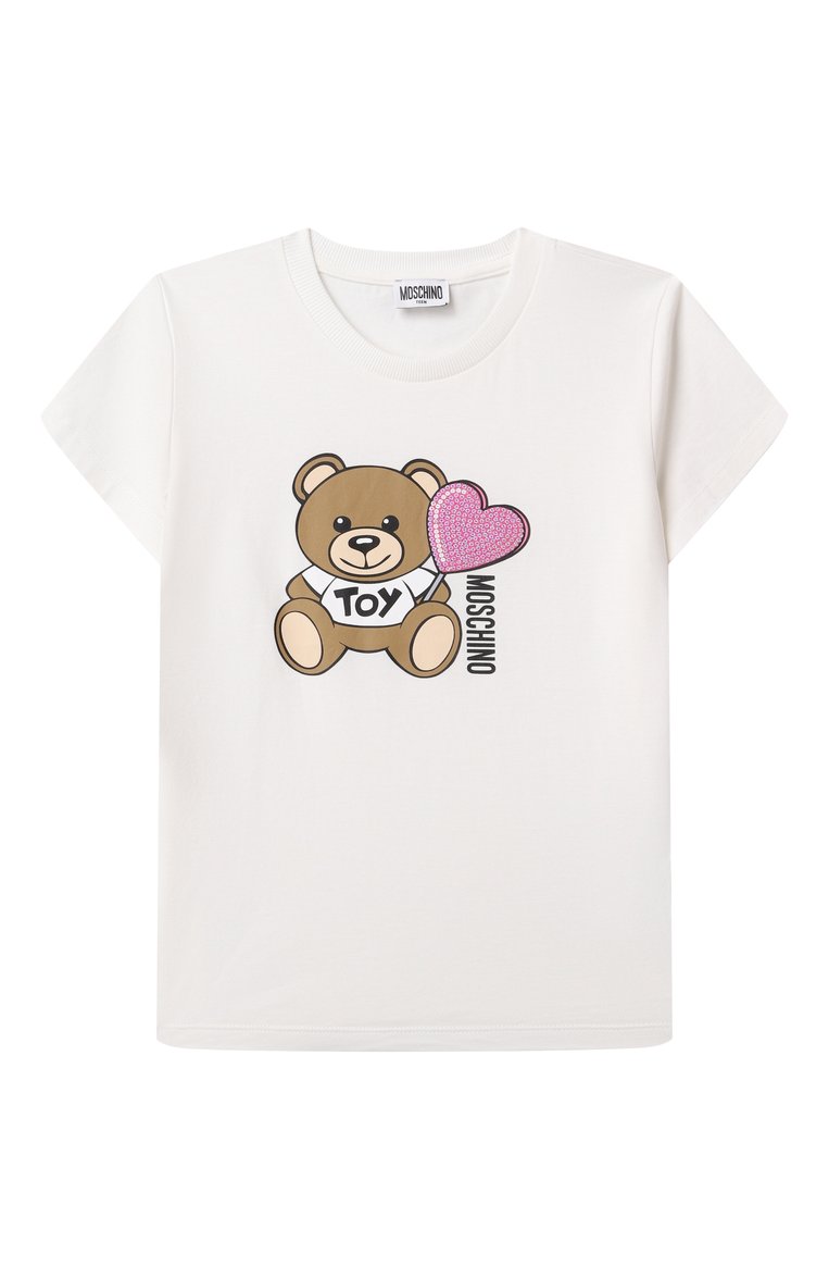 Детская хлопковая футболка MOSCHINO молочного цвета, арт. HDM06K/LBA00/10-14 | Фото 1 (Рукава: Короткие; Девочки Кросс-КТ: футболка-одежда; Тематический товар: Teddy Bear; Материал внешний: Хлопок; Автоматизация состава: Проставлено; Автоматизация ТО: Проставлено; Ростовка одежда: 10 - 11 лет | 140 - 146см, 12 лет | 152 см, 16 лет | 164 см)