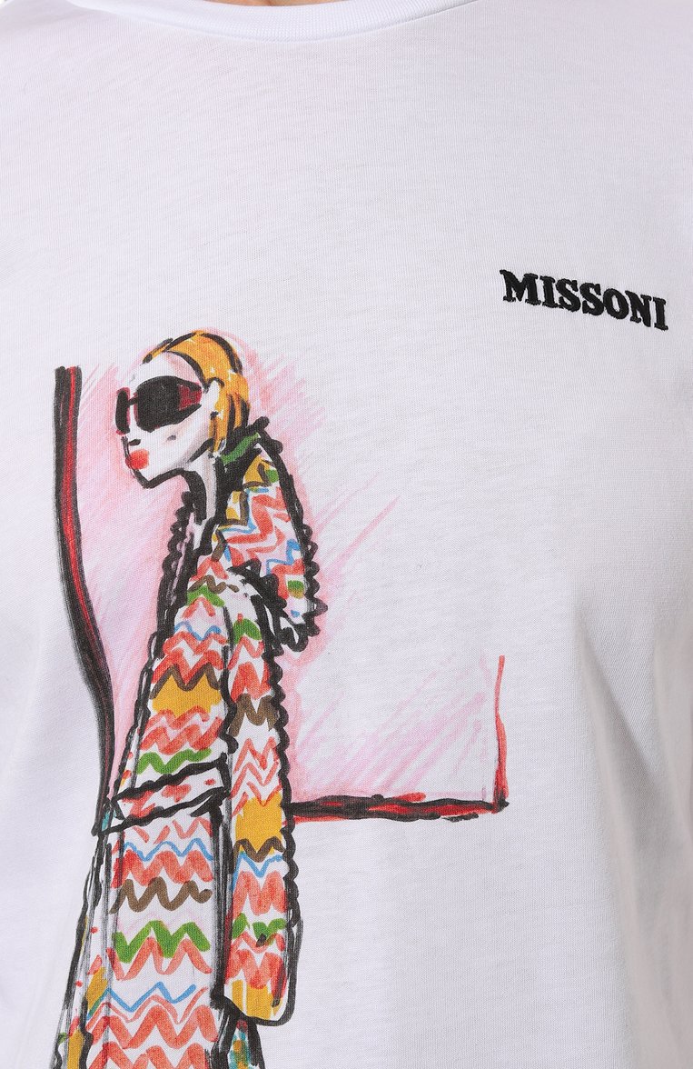 Женская хлопковая футболка MISSONI белого цвета, арт. WL0B/BJ00DN | Фото 5 (Рукава: Короткие; Материал сплава: Проставлено; Драгоценные камни: Проставлено; Материал внешний: Хлопок; Длина (для топов): Стандартные; Принт: С принтом; Стили: Кэжуэл; Женское Кросс-КТ: Футболка-одежда)