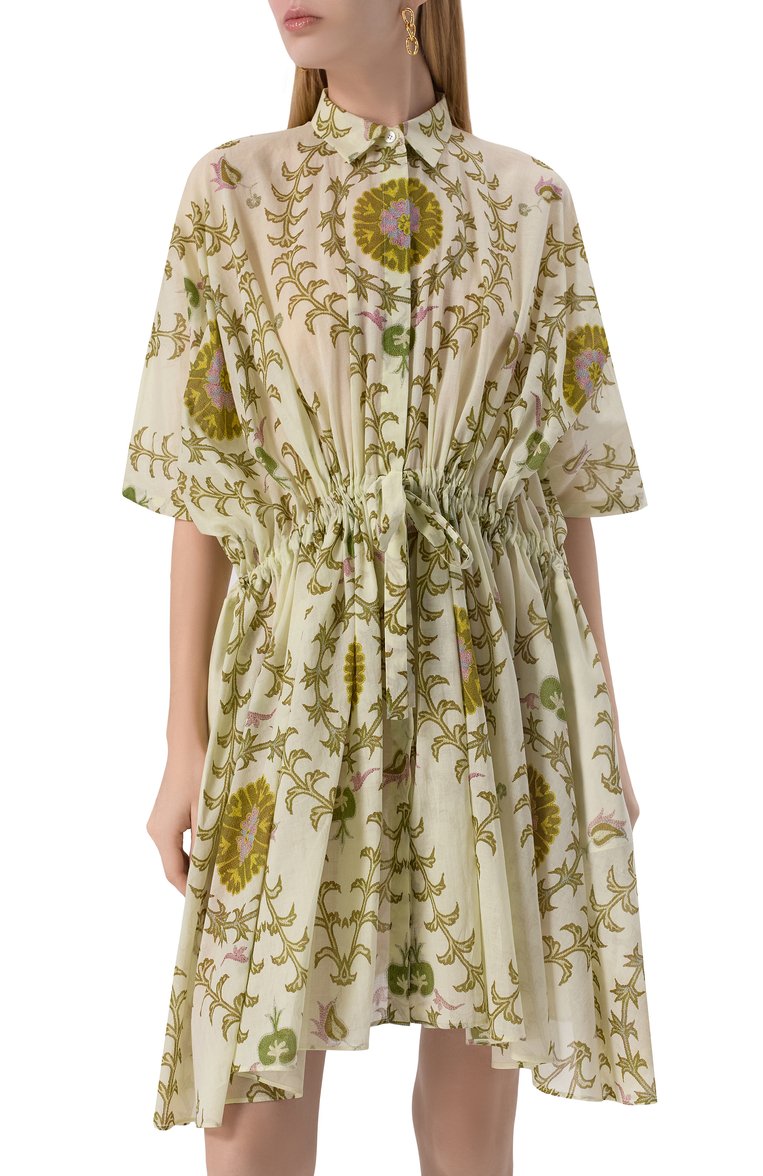 Женское хлопковое платье GIAMBATTISTA VALLI зеленого цвета, арт. 25SSPVCA5227-65PRI | Фото 3 (Материал сплава: Проставлено; Рукава: 3/4; Драгоценные камни: Проставлено; Женское Кросс-КТ: Платье-одежда; Случай: Повседневный; Длина Ж (юбки, платья, шорты): До колена; Сти�ли: Кэжуэл; Материал внешний: Хлопок)