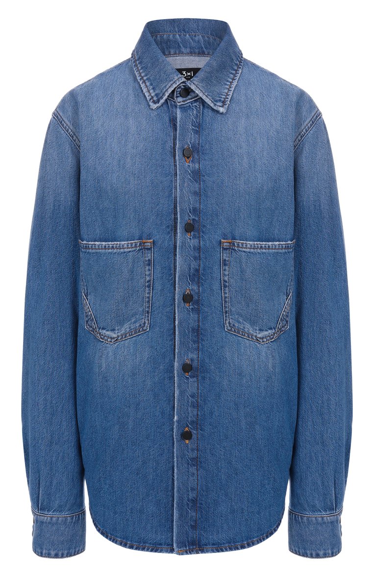 Женская джинсовая рубашка 3X1 голубого цвета, арт. 31-WT3G64-DR09RG/ESSENTIAL SHIRT | Фото 1 (Материал внешний: Хлопок, Деним; Длина (для топов): Удлиненные; Рукава: Длинные; Стили: Кэжуэл; Кросс-КТ: Деним; Принт: Без принта; Женское Кросс-КТ: Рубашка-одежда; Автоматизация состава: Проставлено; Автоматизация ТО: Проставлено)