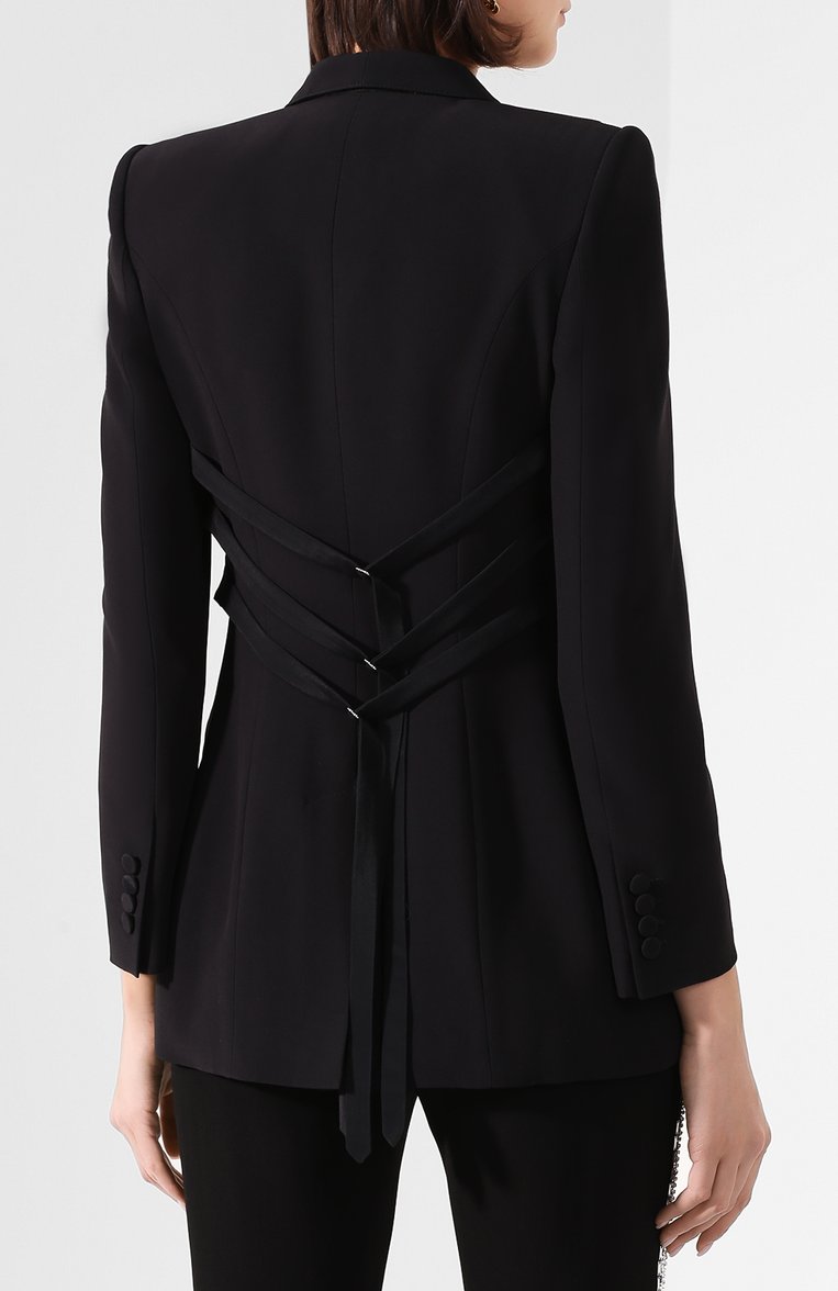 Женский жакет ALEXANDER MCQUEEN черного цвета, арт. 621339/QEAAA | Фото 4 (Рукава: Длинные; Длина (для топов): Стандартные; Материал подклада: Купро; Материал внешний: Синтетический материал, Вискоза; 1-2-бортные: Однобортные; Женское Кросс-КТ: Жакет-одежда; Случай: Вечерний)