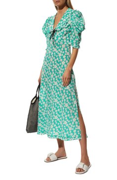 Женское шелковое платье MIU MIU бирюзового цвета, арт. MF4522-10MA-F0G1S | Фото 2 (Материал внешний: Шелк; Длина Ж (юбки, платья, шорты): Миди; Женское Кросс-КТ: Платье-одежда; Случай: Повседневный; Стили: Романтичный; Рукава: Короткие; Драгоценные камни: Проставлено; Материал сплава: Проставлено)