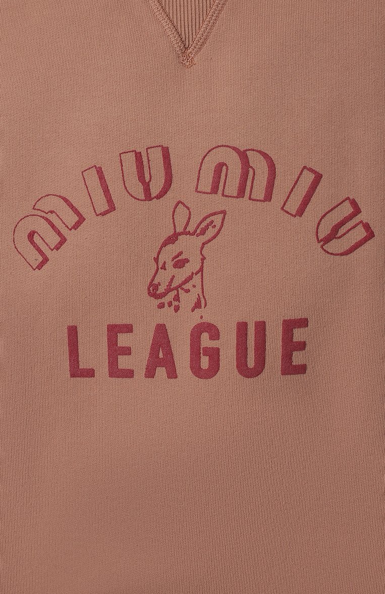 Женский хлопковый свитшот MIU MIU темно-бежевого цвета, арт. MJL723-1IG3-F0028 | Фото 5 (Длина (для топов): Стандартные; Рукава: Длинные; Материал внешний: Хлопок; Стили: Спорт-шик; Женское Кросс-КТ: Свитшот-одежда)
