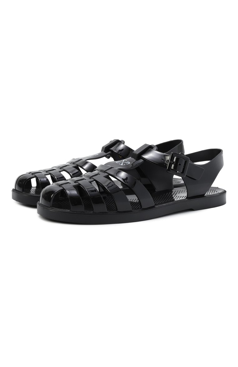 Женские сандалии off to sal OFF-WHITE черно-белого цвета, арт. 0WIH05ES25MAT0011001 | Фото 1 (Каблук высота: Низкий; Подошва: Плоская; Автоматизация состава: Проставлено; Автоматизация ТО: Проставлено; Материал внешний: Экокожа)