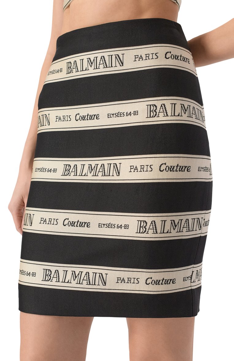 Женская юбка из вискозы BALMAIN черно-белого цвета, арт. EF1LC245/JJ95 | Фото 5 (Материал внешний: Вискоза; Длина Ж (юбки, платья, шорты): До колена; Женское Кросс-КТ: Юбка-карандаш; Стили: Гламурный; Автоматизация ТО: Проставлено; Автом�атизация состава: Проставлено; Материал подклада: Синтетический материал)