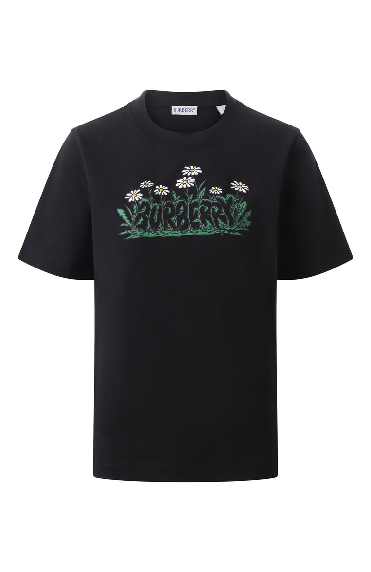 Женская хлопковая футболка BURBERRY черного цвета, арт. 8102403 | Фото 1 (Драгоценные камни: Проставлено; Длина (для то�пов): Стандартные; Материал сплава: Проставлено; Рукава: Короткие; Стили: Кэжуэл; Принт: С принтом; Материал внешний: Хлопок)