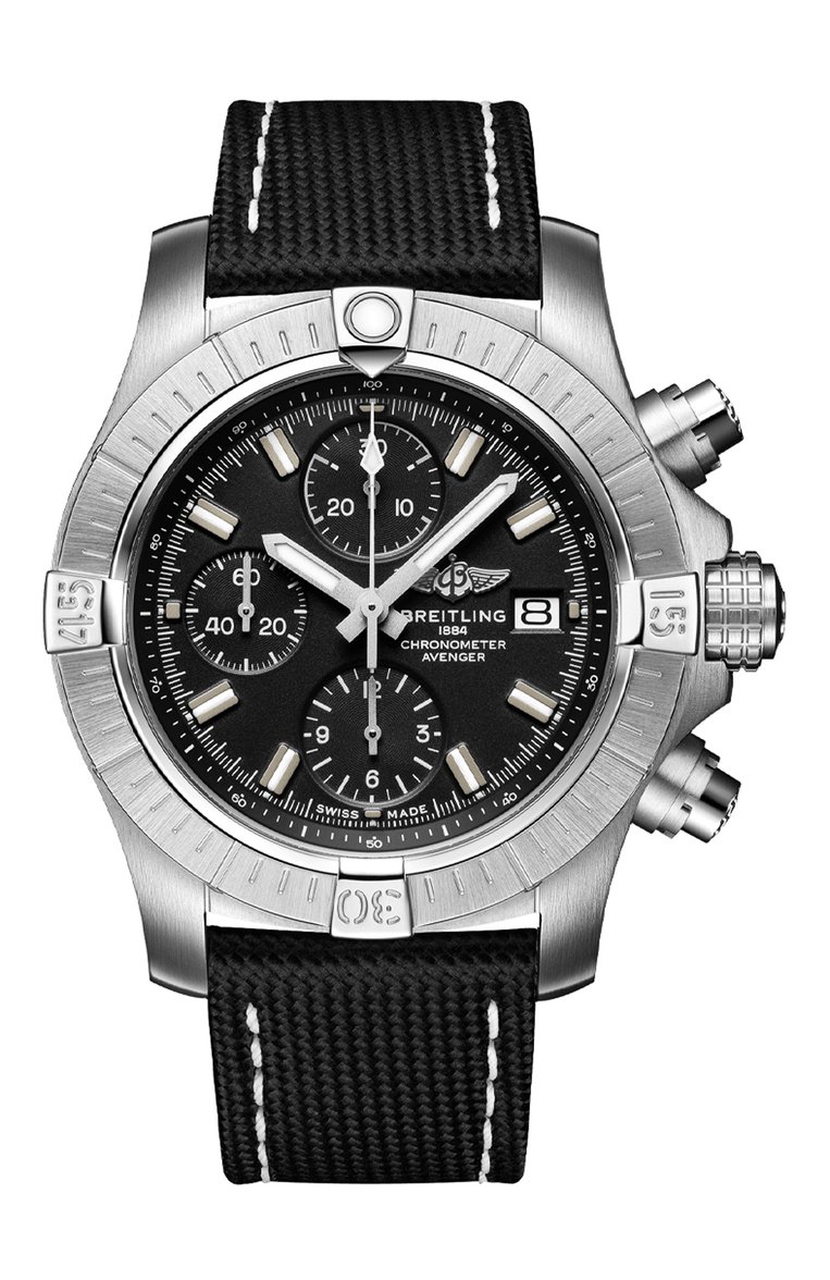 Мужские часы avenger chronograph 43 BREITLING бесцветного цвета, арт. A13385101B1X1 | Фото 1 (Механизм: Автомат; Цвет циферблата: Чёрный; Материал корпуса: Сталь; Региональные ограничения белый список (Axapta Mercury): Не проставлено; Нос: Не проставлено)