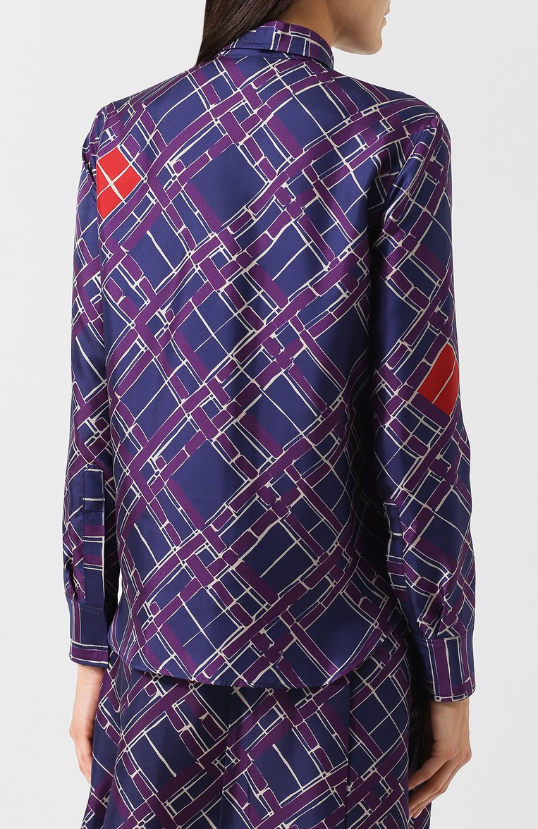 Женская шелковая блуза с принтом BOTTEGA VENETA сиреневого цвета, арт. 521927/VERH0 | Фото 4 (Материал внешний: Шелк; Длина (для топов): Стандартные; Рукава: Длинные; Женское Кросс-КТ: Блуза-одежда; Принт: С принтом)
