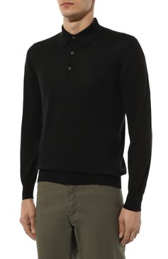 Мужское хлопковое поло KITON черного цвета, арт. UMKXX35 | Фото 3 (Драгоценные камни: Проставлено; Рукава: Длинные; Материал сплава: Проставлено; Материал внешний: Хлопок; Длина (для топов): Стандартные; Застежка: Пуговицы; Стили: Кэжуэл; Принт: Без принта)