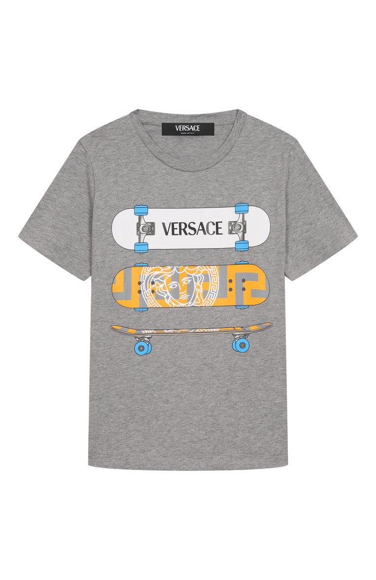 Детская хлопковая футболка VERSACE серого цвета, арт. 1018293/1A13086/8A-14A | Фото 1 (Материал внешний: Хлопок; Рукава: К�ороткие; Мальчики Кросс-КТ: Футболка-одежда; Ростовка одежда: 16 лет | 164 см, 10 - 11 лет | 140 - 146см, 12 лет | 152 см, 8 лет | 128 см)