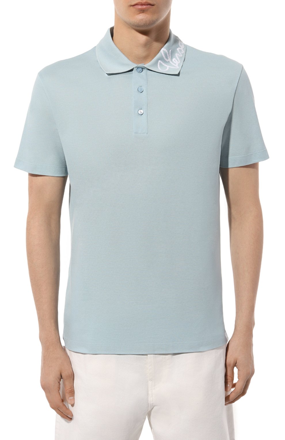 Хлопковое поло VERSACE бирюзового цвета по цене 69500 руб., арт. 1013906/1A09798, фото 3 Хлопковое поло VERSACE, арт. 1013906/1A09798, фото 3