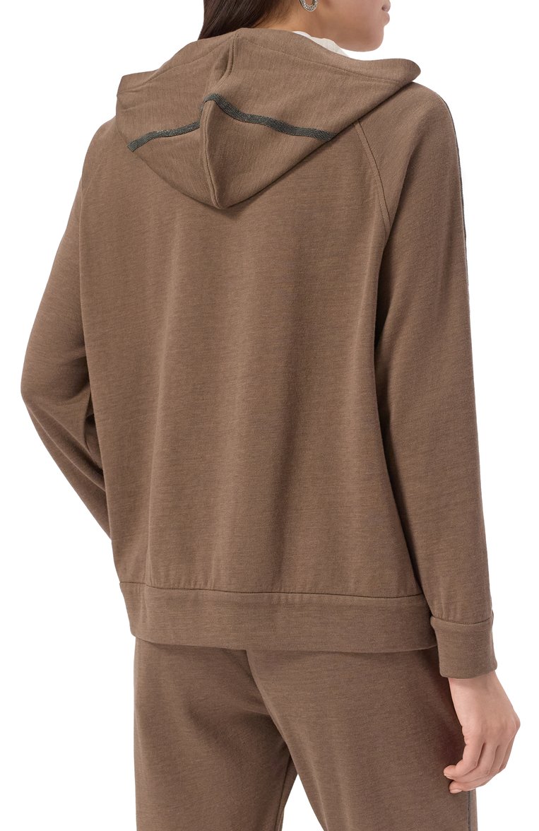 Женский толстовка из хлопка и шелка BRUNELLO CUCINELLI коричневого цвета, арт. MD828SM606 | Фото 4 (Рукава: Длинные; Материал внешний: Хлопок, Шелк; Длина (для топов): Стандартные; Стили: Спорт-шик; Женское Кросс-КТ: Кардиган-одежда)