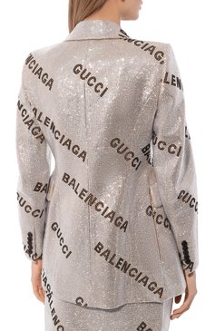 Женский жакет с отделкой стразами gucci x balenciaga GUCCI серебряного цвета, арт. 676219 ZAH31 | Фото 4 (Материал внешний: Шерсть, Шелк; Рукава: Длинные; Стили: Гламурный; Случай: Вечерний; Региональные ограничения белый список (Axapta Mercury): Не проставлено; Длина (для топов): Стандартные; Материал сплава: Проставлено; Нос: Не проставлено; 1-2-бортные: Однобортные; Драгоценные камни: Проставлено; Женское Кросс-КТ: Жакет-одежда)