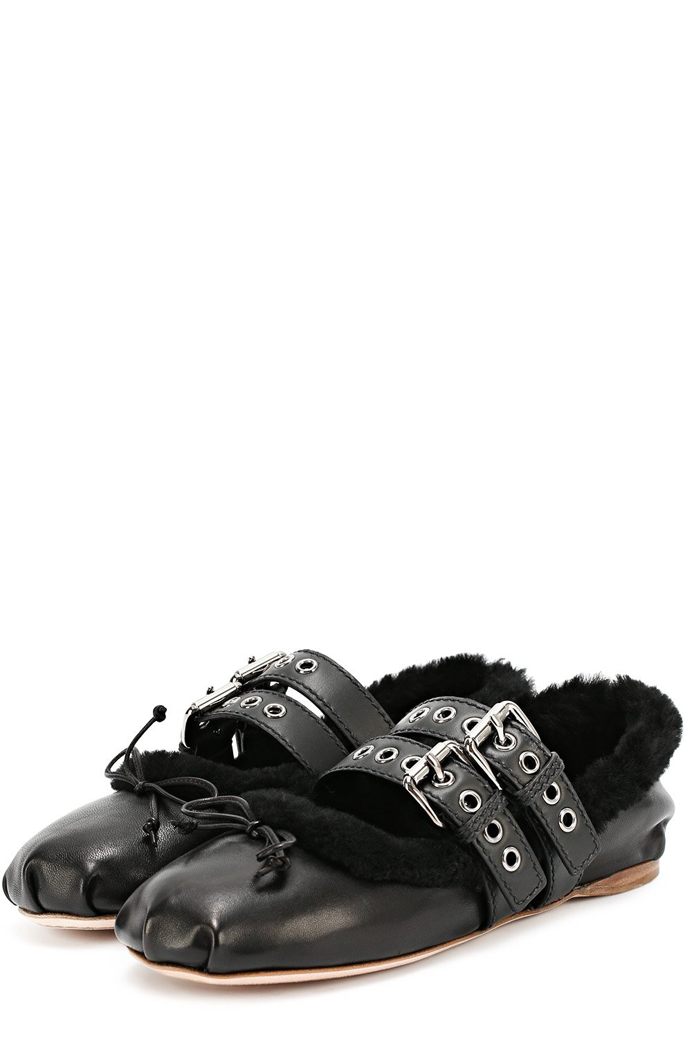 Кожаные балетки с ремешками и меховой отделкой MIU MIU, арт. 5F495A/3H7C, фото 1
