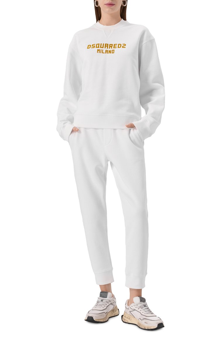 Женский хлопковый костюм DSQUARED2 белого цвета, арт. S75FZ0070/D25015 | Фото 1 (Длина (брюки, джинсы): Укороченные; Длина (для топов): Стандартные; Рукава: Длинные; Кросс-КТ: костюм; Стили: Спорт-шик; Случай: Повседневный; Материал внешний: Хлопок)