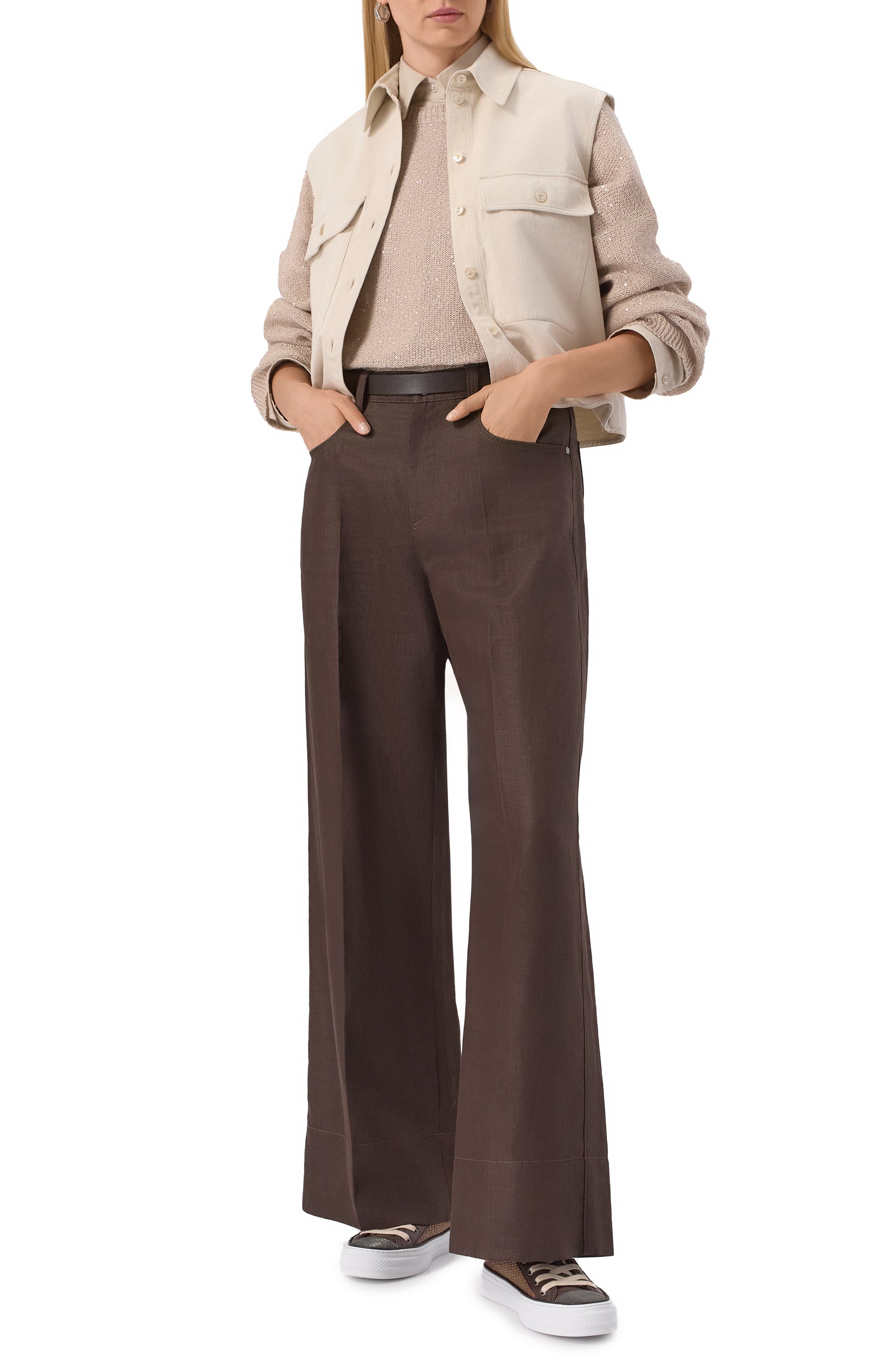 Льняные брюки BRUNELLO CUCINELLI темно-коричневого цвета по цене 199500 руб., арт. ML142P8813, фото 2 Льняные брюки BRUNELLO CUCINELLI, арт. ML142P8813, фото 2