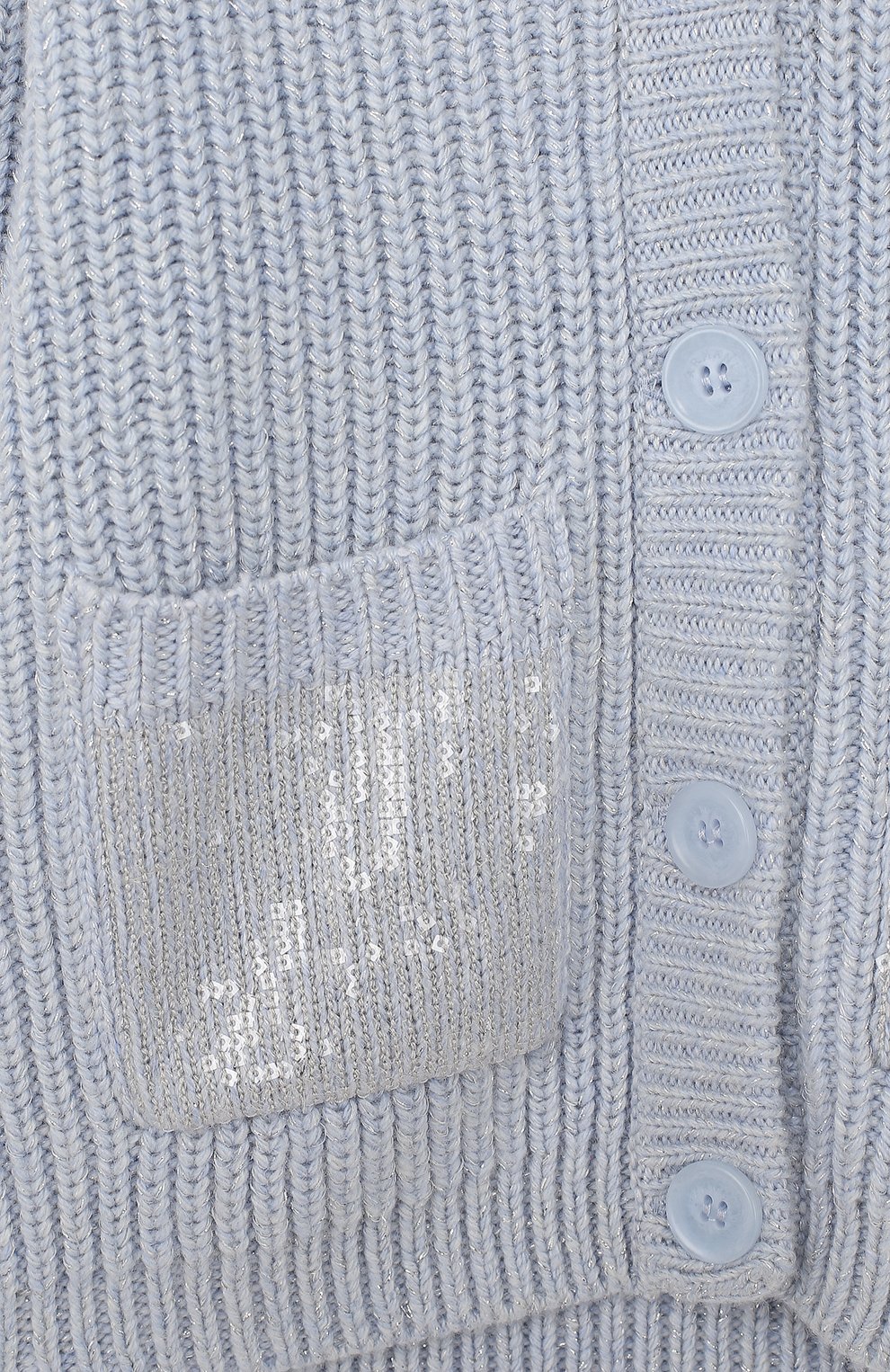 Кардиган крупной вязки на пуговицах с пайетками ARMANI JUNIOR голубого цвета по цене 19950 руб., арт. 6Y3E74/3MFGZ/4A-10A, фото 3 Кардиган крупной вязки на пуговицах с пайетками ARMANI JUNIOR, арт. 6Y3E74/3MFGZ/4A-10A, фото 3