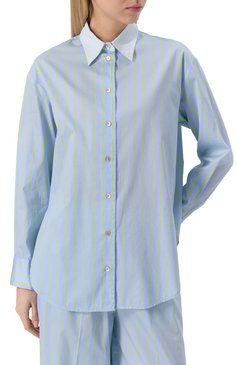 Женская хлопковая рубашка FORTE_FORTE голубого цвета, арт. 13610_MY SHIRT | Фото 3 (Длина (для топов): Удлиненные; Драгоценные камни: Проставлено; Рукава: Длинные; Материал сплава: Проставлено; Женское Кросс-КТ: Рубашка-одежда; Кросс-КТ: костюм; Принт: Полоска, С принтом; Стили: Классический; Материал внешний: Хлопок)