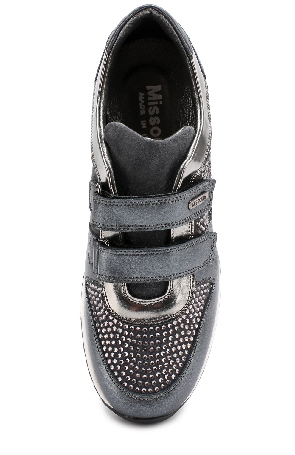 Кожаные кроссовки с замшевой отделкой и стразами на застежках велькро MISSOURI серого цвета по цене 28700 руб., арт. 11567B/35-41, фото 4 Кожаные кроссовки с замшевой отделкой и стразами на застежках велькро MISSOURI, арт. 11567B/35-41, фото 4