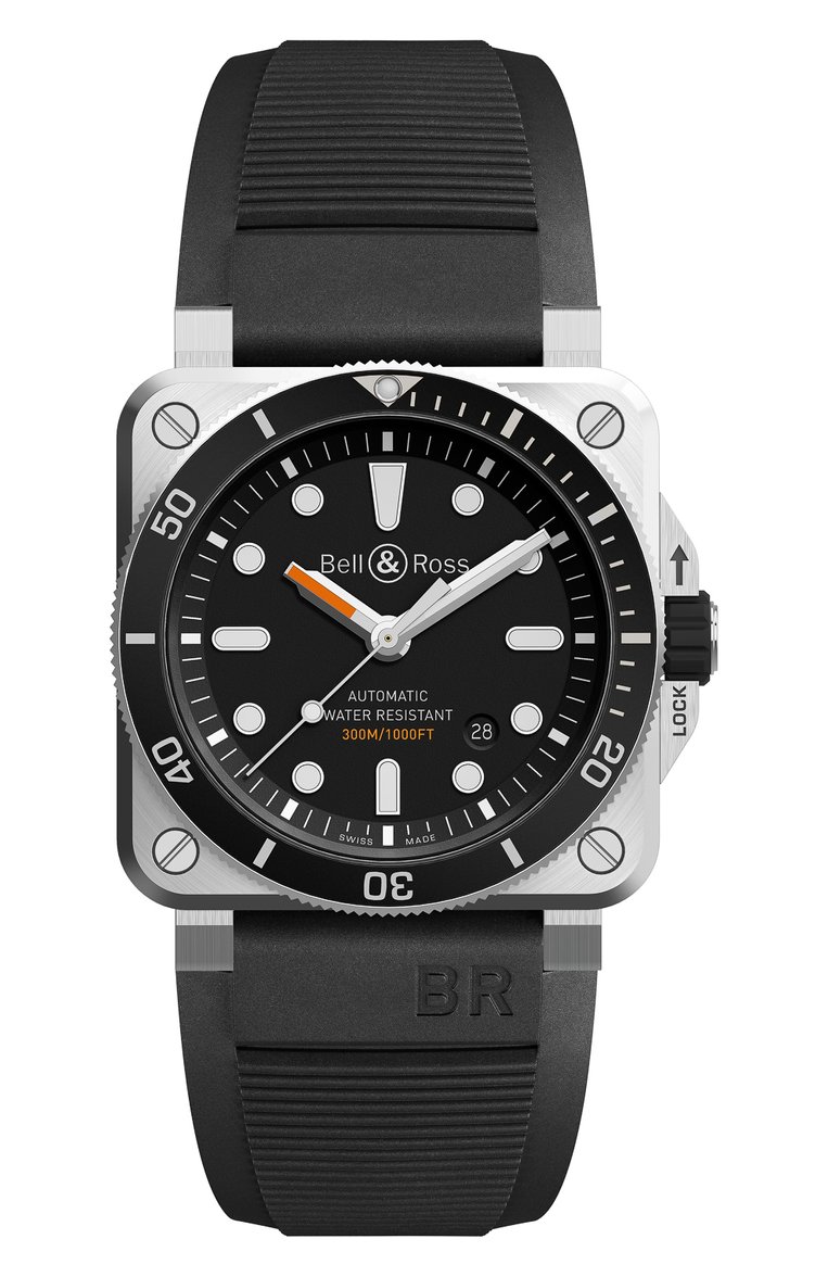 Мужские часы diver BELL & ROSS бесцветного цвета, арт. BR0392-D-BL-ST/SRB | Фото 1 (Механизм: Автомат; Материал корпуса: Сталь; Региональные ограничения белый список (Axapta Mercury): Не проставлено; Цвет циферблата: Чёрный; Нос: Не проставлено; Ограничения доставки: m-style)