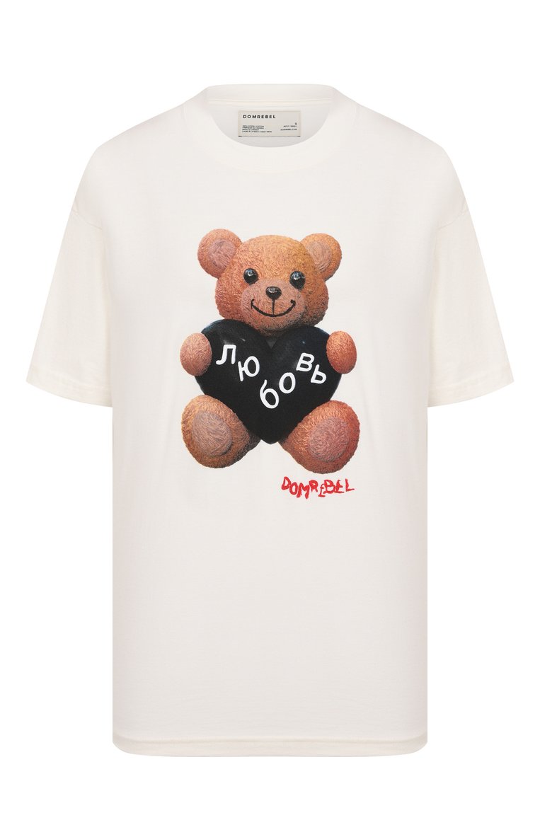 Женская хлопковая футболка DOMREBEL молочного цвета, арт. L0VEBEAR/T-SHIRT | Фото 1 (Материал внешний: Хлопок; Рукава: Коротки�е; Длина (для топов): Стандартные; Принт: С принтом; Стили: Кэжуэл; Женское Кросс-КТ: Футболка-одежда)
