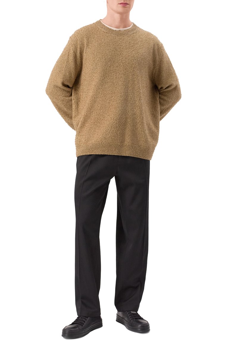 Мужской джемпер из хлопка и шерсти MAISON MARGIELA бежевого цвета, арт. S50HL0033/M13108 | Фото 2 (Материал внешний: Шерсть, Хлопок; Принт: Без принта; Вырез: Круглый; Стили: Кэжуэл; Мужское Кросс-КТ: Джемперы; Женское Кросс-КТ: Пуловер-одежда; Длина (для топов): Стандартные; Автоматизация ТО: Проставлено; Рукава: Длинные; Автоматизация состава: Проставлено; Детали: �Без декора)