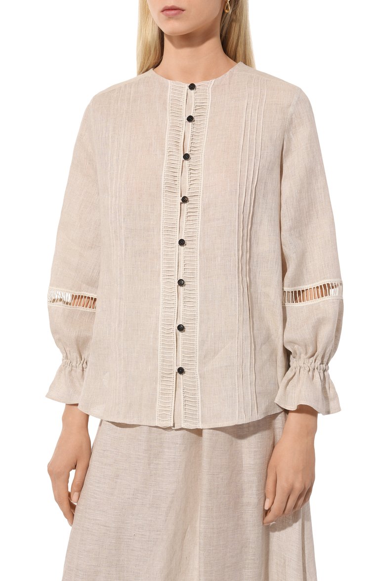 Женская льняная блузка KITON бежевого цвета, арт. D57461H06388 | Фото 3 (Рукава: Длинные; Длина (для топов): Стандартные; Материал внешний: Лен; Стили: Кэжуэл; Принт: Без принта; Женское Кросс-КТ: Блуза-одежда)