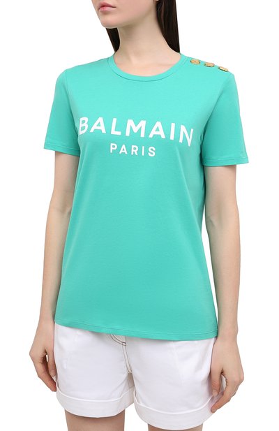 Хлопковая футболка BALMAIN бирюзового цвета по цене 35250 руб., арт. VF11350/B001, фото 3 Хлопковая футболка BALMAIN, арт. VF11350/B001, фото 3