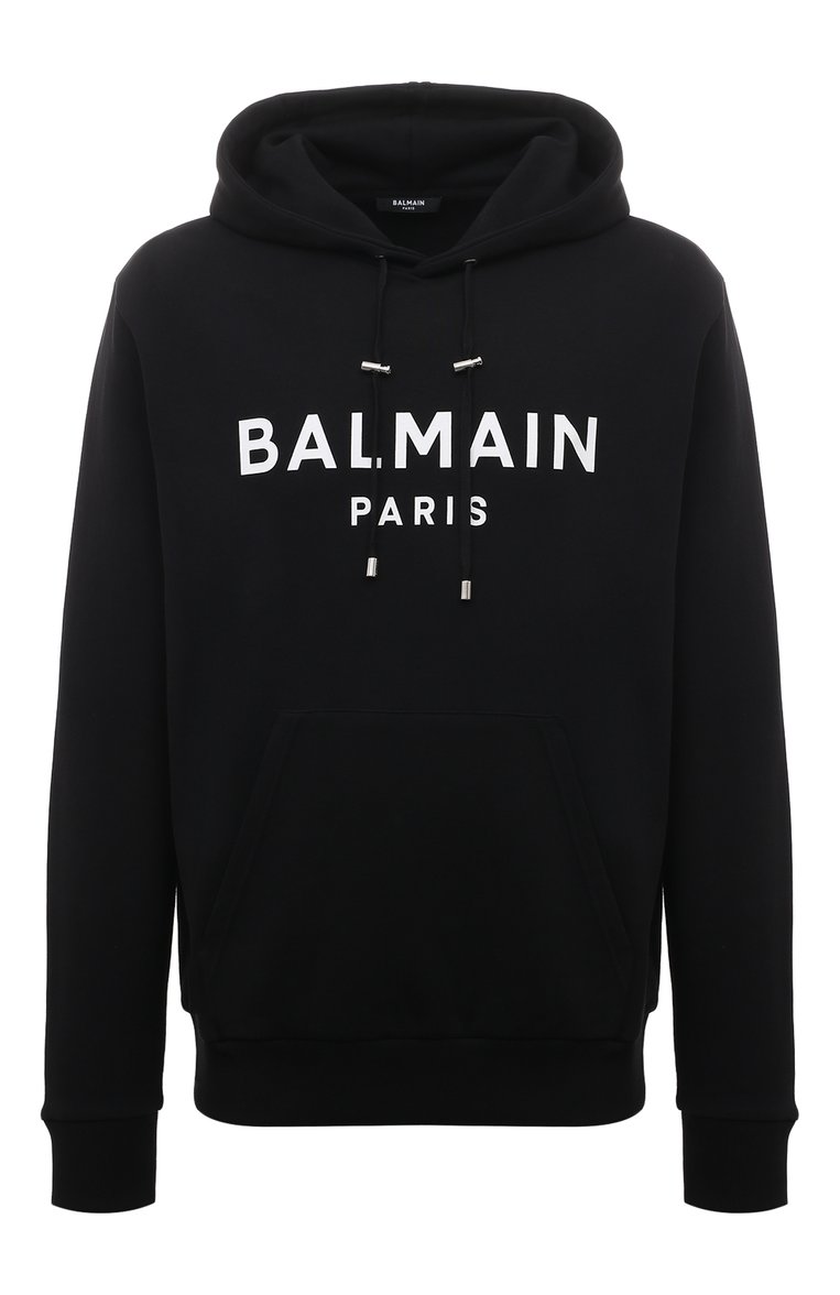 Мужской хлопковое худи BALMAIN черного цвета, арт. AH1JR002BB65 | Фото 1 (Рукава: Длинные; Длина (для топов): Стандартные; Принт: С принтом; Мужское Кросс-КТ: Худи-одежда; Материал сплава: Проставлено; Материал внешний: Хлопок; Драгоценные камни: Проставлено; Стили: Кэжуэл)