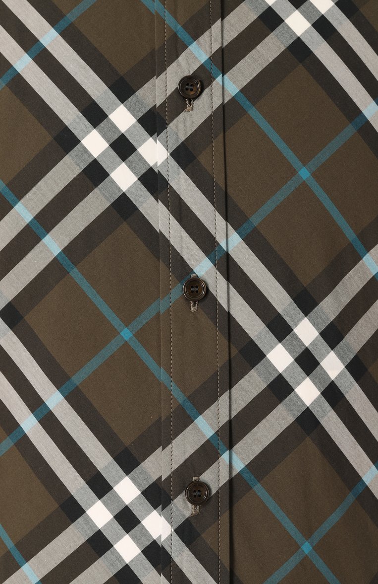 Мужская хлопковая рубашка BURBERRY хаки цвета, арт. 8099224 | Фото 5 (Рукава: Короткие; Материал сплава: Проставлено; Драгоценные камни: Проставлено; Длина (для топов): Стандартные; Воротник: Кент; Принт: Клетка; Стили: Кэжуэл; Случай: Повседневный; Материал внешний: Хлопок)
