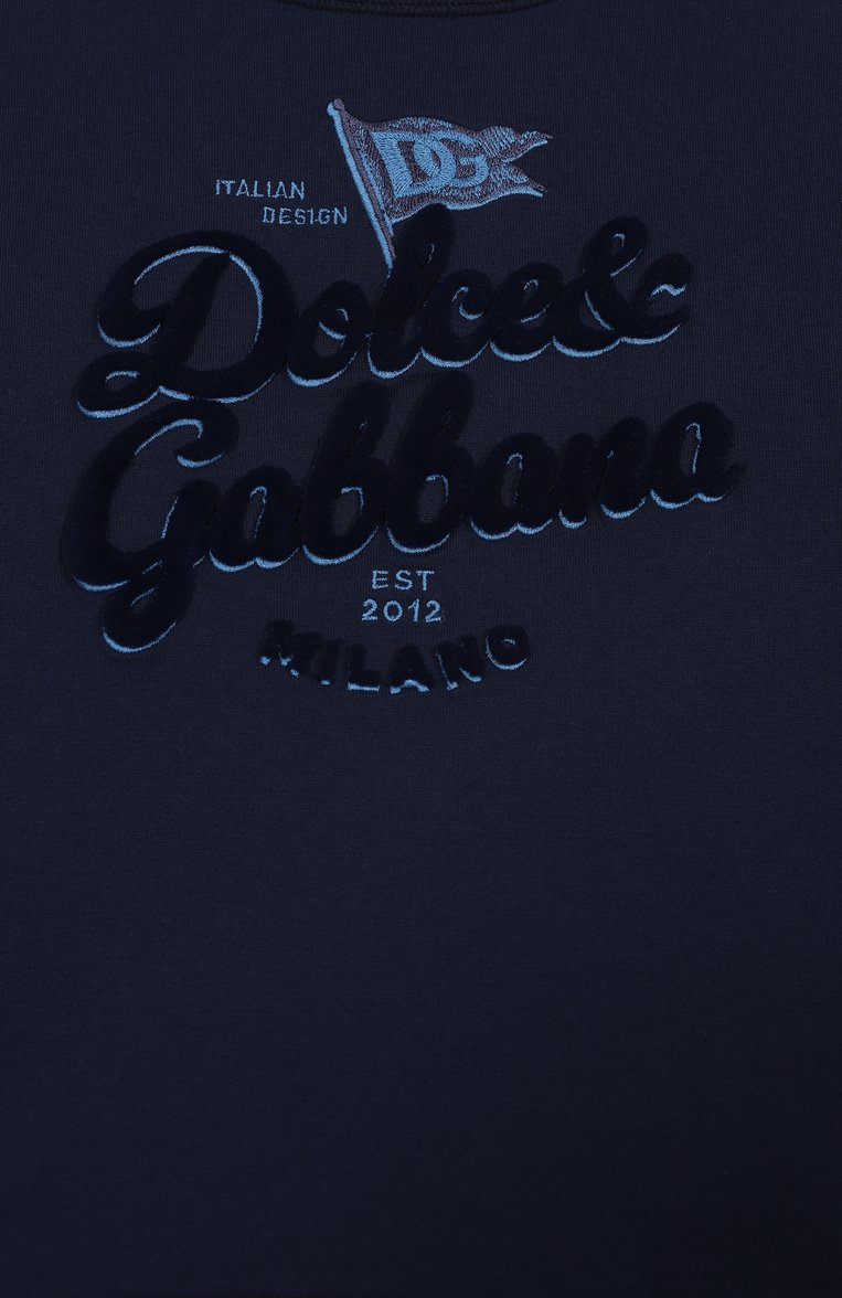 Детская хлопковая футболка DOLCE & GABBANA темно-синего цвета, арт. L4JTHV/G70J1/8-14 | Фото 3 (Материал внешний: Хлопок; Рукава: Короткие; Мальчики Кросс-КТ: Футболка-одежда; Ростовка одежда: 8 лет | 128 см, 10 - 11 лет | 140 - 146см, 12 лет | 152 см, 13 - 15 лет | 158 см)