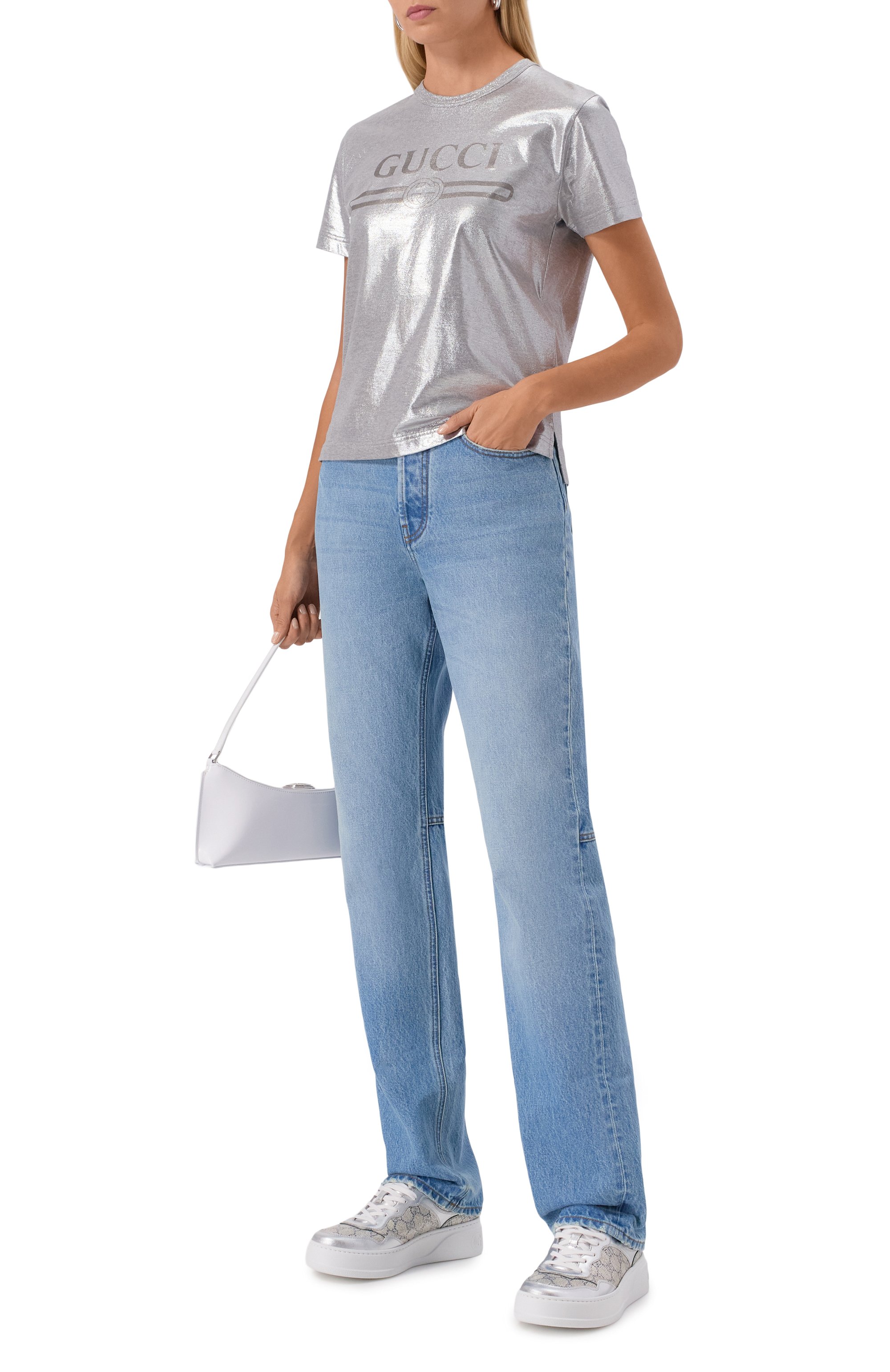 Хлопковая футболка GUCCI серебряного цвета по цене 86650 руб., арт. 805285/XJG05, фото 2 Хлопковая футболка GUCCI, арт. 805285/XJG05, фото 2