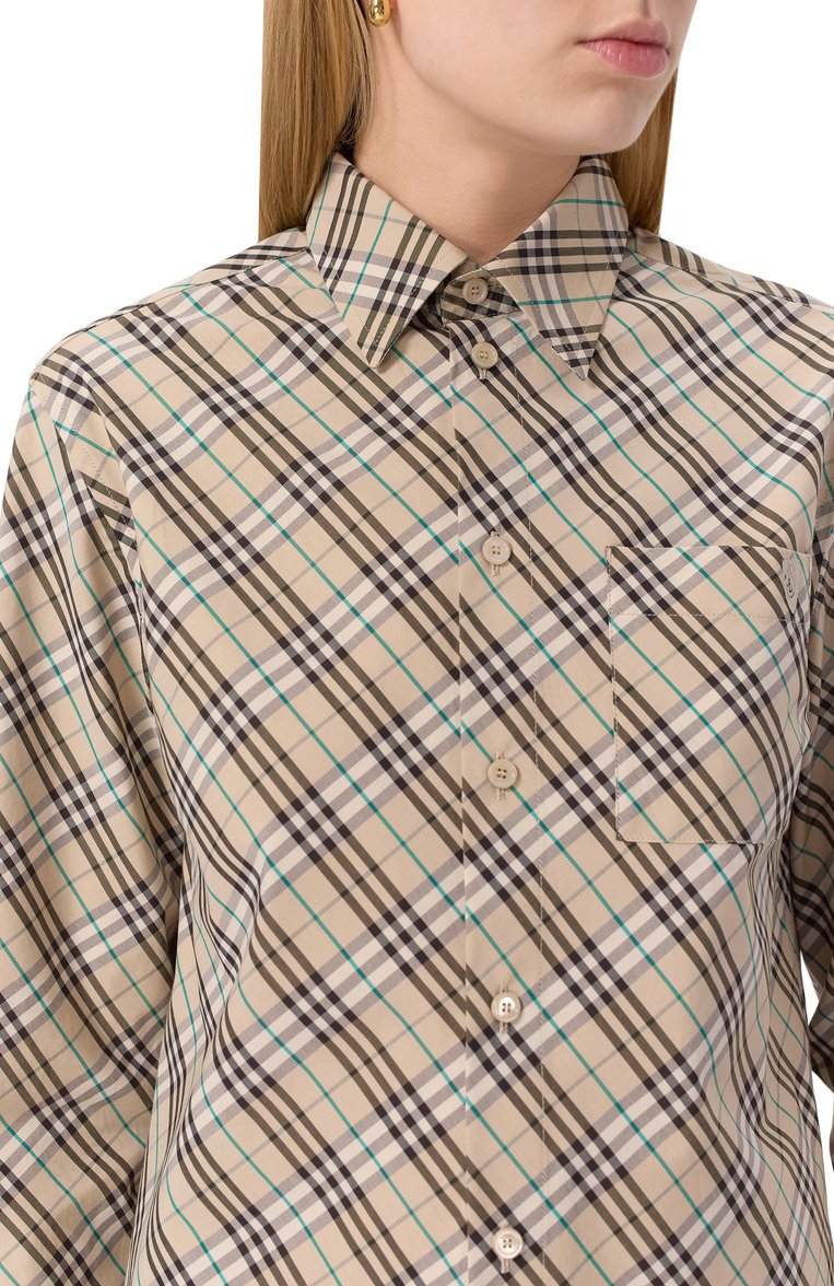 Женская хлопковая рубашка BURBERRY бежевого цвета, арт. 8101133 | Фото 5 (Длина (для топов): Стандартные; Материал внешний: Хлопок; Рукава: Длинные; Стили: Кэжуэл; Принт: Клетка, С принтом; Женско�е Кросс-КТ: Рубашка-одежда; Автоматизация состава: Проставлено; Автоматизация ТО: Проставлено; Детали: Декор)