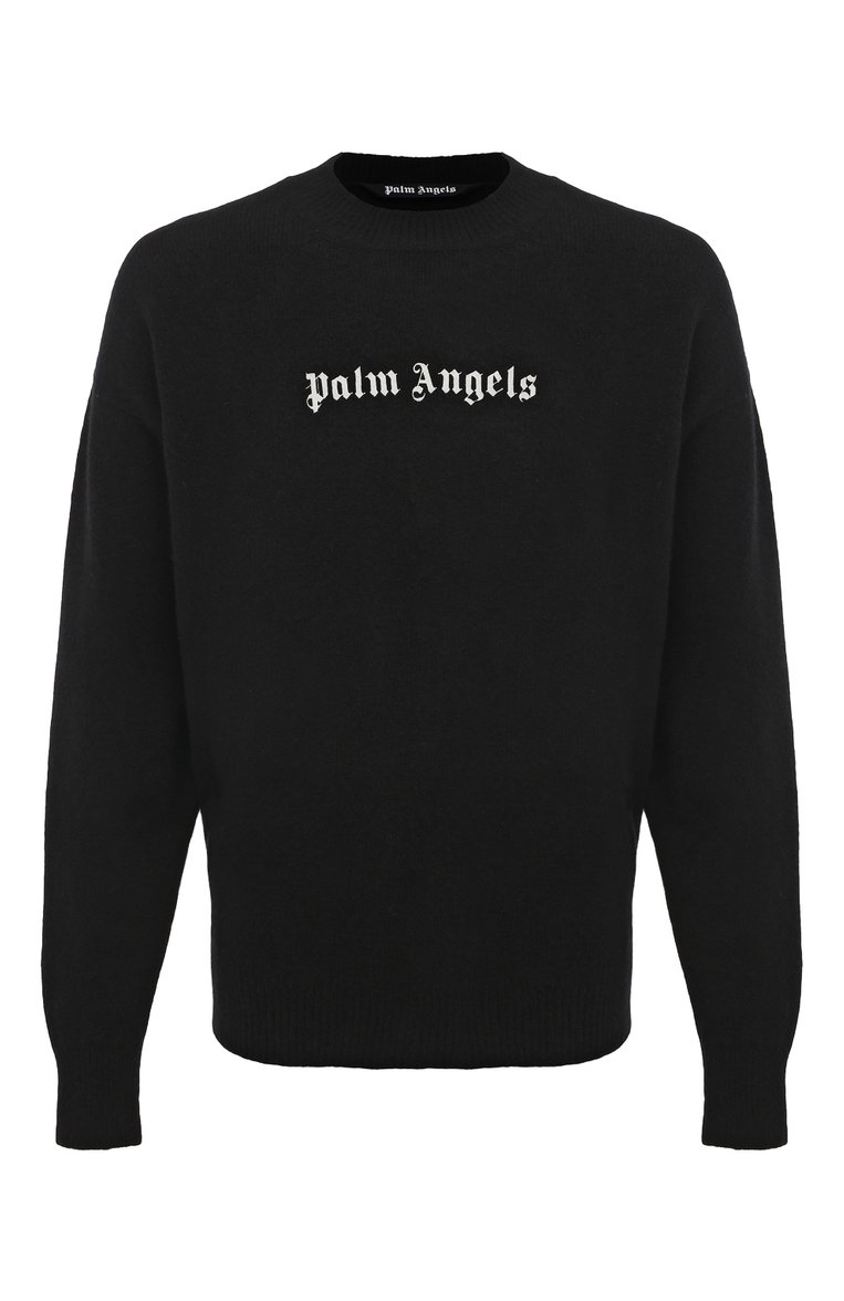 Мужской джемпер из шерсти и кашемира PALM ANGELS черного цвета, арт. PMHE054F23KNI0041001 | Фото 1 (Материал сплава: Проставлено; Драгоценные камни: Проставлено; Длина (для топов): Стандартные; Рукава: Длинные; Материал внешний: Шерсть; Вырез: Круглый; Мужское Кросс-КТ: Джемперы; Стили: Кэжуэл; Принт: С принтом)