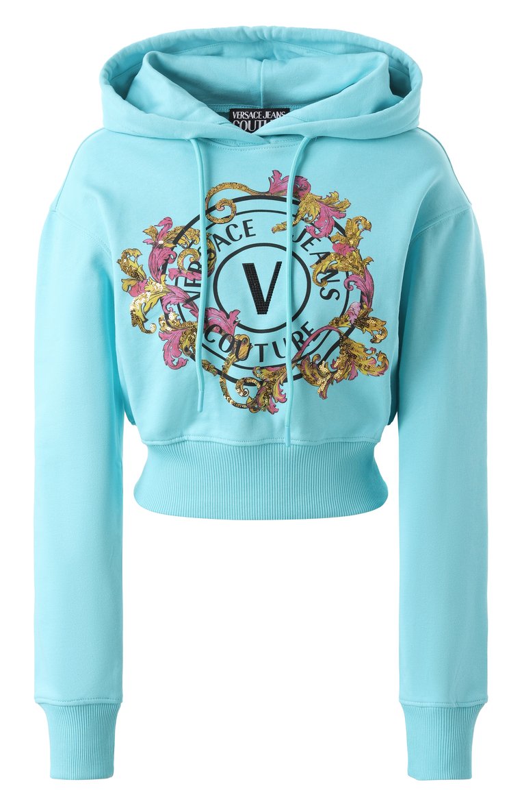 Женский хлопковое худи VERSACE JEANS COUTURE бирюзового цвета, арт. 78HAIC01/CF00C | Фото 1 (Длина (для топов): Укороченные; Рукава: Длинные; Материал внешний: Хлопок; Стили: Спорт-шик; Женское Кросс-КТ: Худи-одежда; Автоматизация состава: Проставлено; Автоматизация ТО: Проставлено)