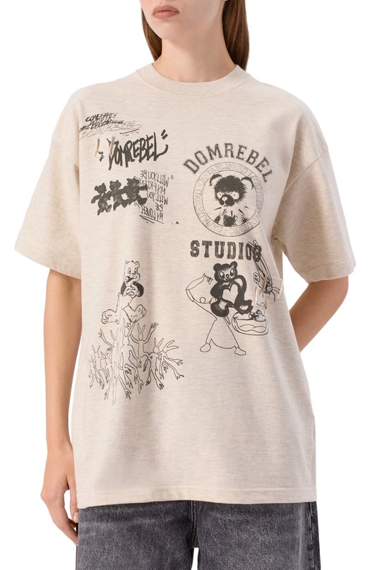 Хлопковая футболка DOMREBEL VARSITY BEAR T-SHIRT Кремовый  VARSITY BEAR T-SHIRT Фото 3