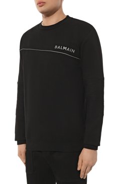 Мужской хлопковый свитшот BALMAIN черного цвета, арт. AH0JQ040BC26 | Фото 3 (Рукава: Длинные; Длина (для топов): Стандартные; Принт: С принтом; Мужское Кросс-КТ: свитшот-одежда; Материал сплава: Проставлено; Материал внешний: Хлопок; Драгоценные камни: Проставлено; Стили: Минимализм)