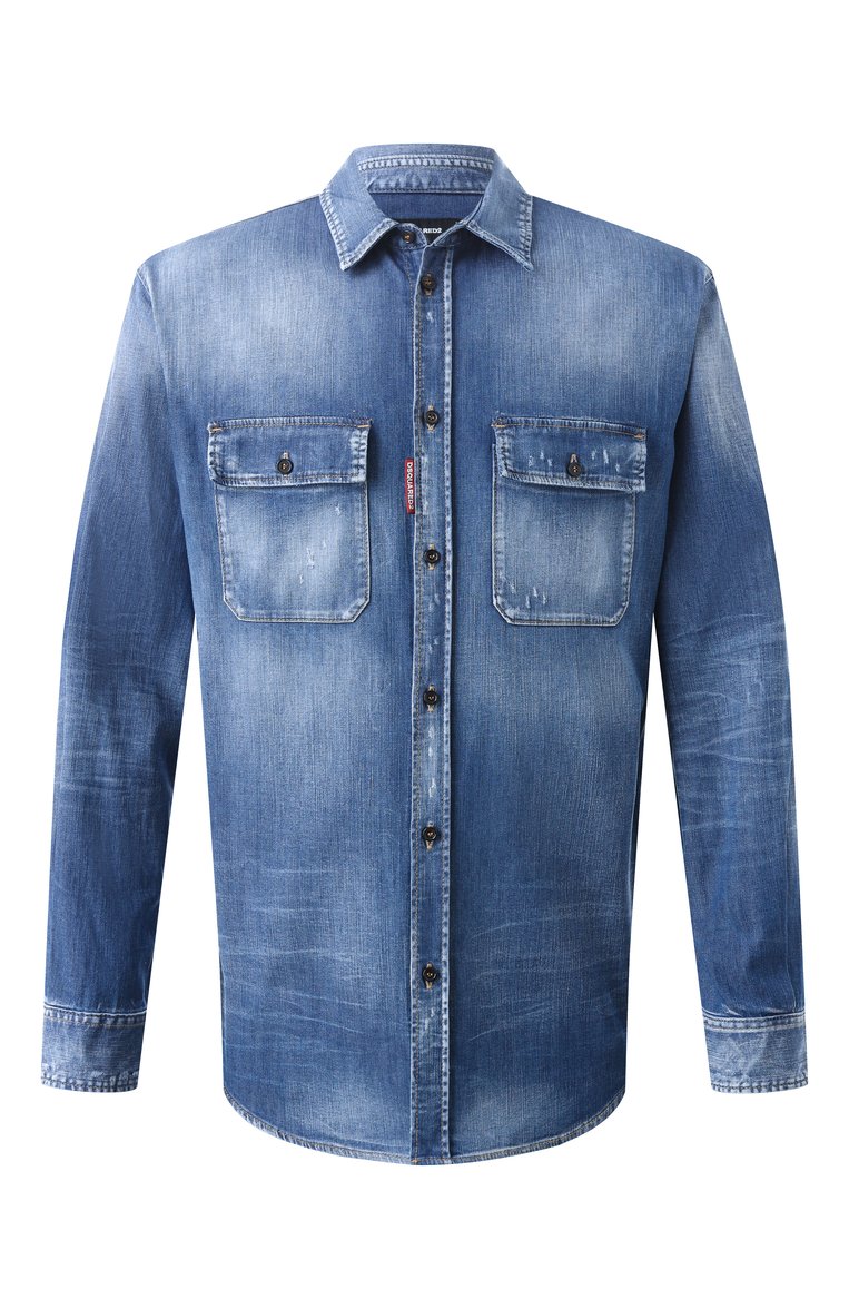 Мужская джинсовая рубашка DSQUARED2 синего цвета, арт. S74DM0904/S30341 | Фото 1 (Драгоценные камни: Проставлено; Длина (для топов): Стандартные; Рукава: Длинные; Материал сплава: Проставлено; Случай: Повседневный; Манжеты: На пуговицах; Кросс-КТ: Деним; Воротник: Кент; Стили: Кэжуэл; Принт: Однотонные; Материал внешний: Деним, Хлопок)