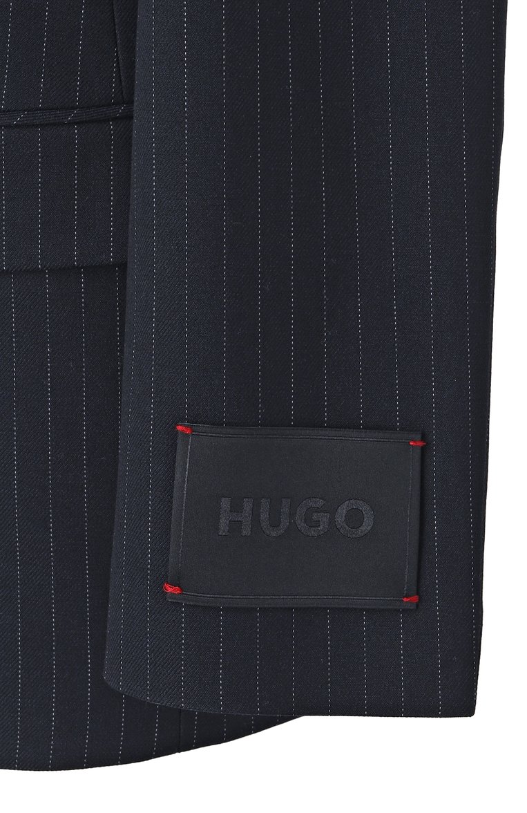 Женский жакет HUGO темно-синего цвета, арт. 50533842 | Фото 6 (Длина (для топов): Стандартные; Рукава: Длинные; Материал сплава: Проставлено; Драгоценные камни: Проставлено; Материал внешний: Вискоза, Синтетический материал; Стили: Классический; Кросс-КТ: костюм; Женское Кросс-КТ: Жакет-одежда; 1-2-бортные: Однобортные)