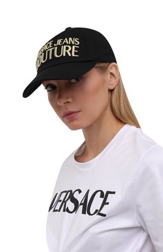 Женская хлопковая бейсболка VERSACE JEANS COUTURE черного цвета, арт. 71VAZK10-BASEBALL CAP WITH PENCES/ZG010 | Фото 2 (Материал: Текстиль, Хлопок; Материал сплава: Проставлено; Нос: Не проставлено)