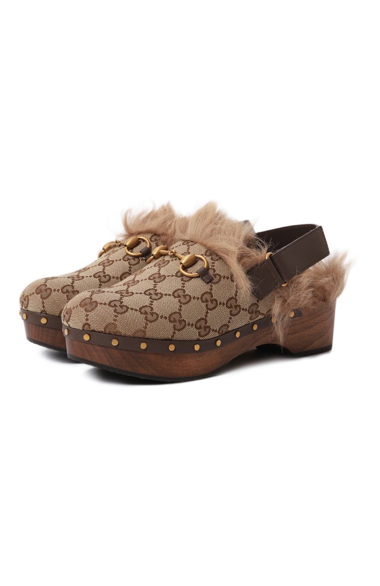 Женские сабо GUCCI бежевого цвета, арт. 680951 HVKM0 | Фото 1 (Подошва: Платформа; Каблук высота: Низкий; Материал утеплителя: Натуральный мех; Каблук тип: Устойчивый; Материал внешний: Текстиль)