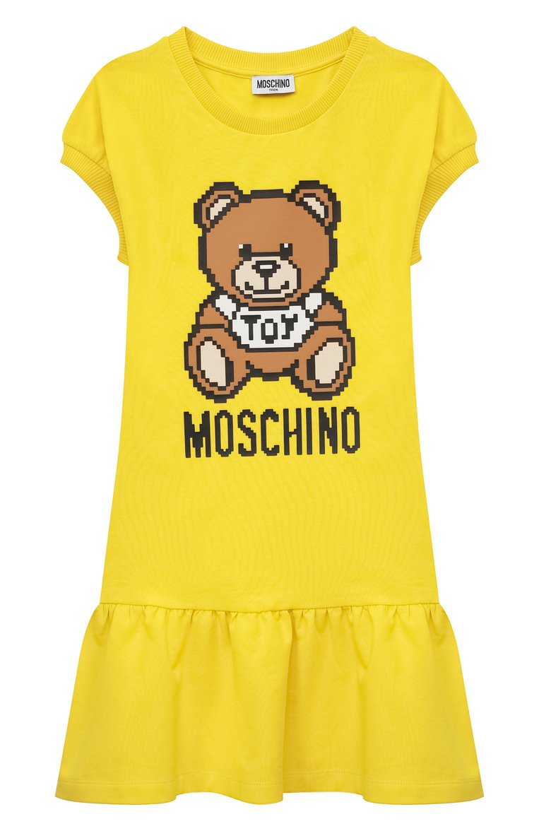 Детское хлопковое платье MOSCHINO желтого цвета, арт. HCV07E/LDA13/10A-14A | Фото 1 (Материал внешний: Хлопок; Рукава: Короткие; Ростовка одежда: 10 - 11 лет | 140 - 146см, 12 лет | 152 см, 13 - 15 лет | 158 см)