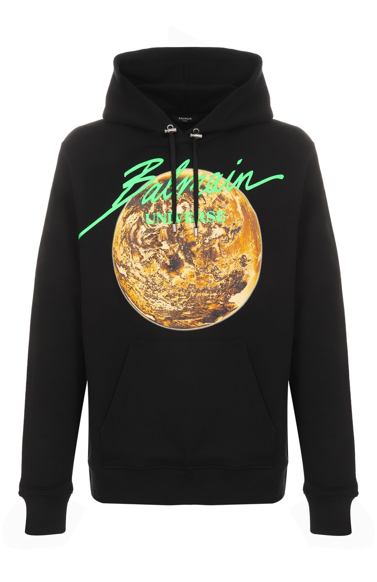 Мужской хлопковое худи BALMAIN черного цвета, арт. EH0JT047GE78 | Фото 1 (Материал внешний: Хлопок; Длина (для топов): Стандартные; Рукава: Длинные; Мужское �Кросс-КТ: Худи-одежда; Стили: Кэжуэл; Принт: С принтом)