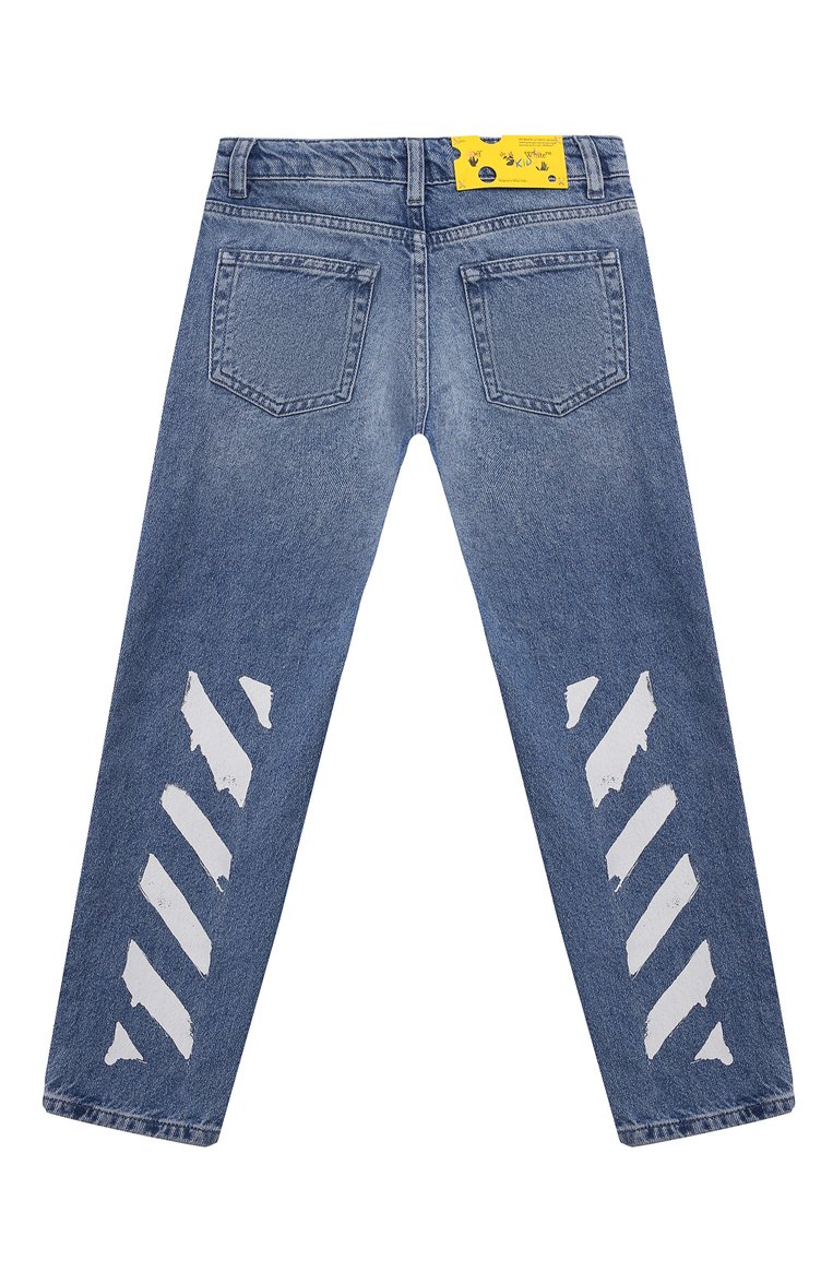 Детские джинсы OFF-WHITE синего цвета, арт. 0BYA001S24DEN001/4-10 | Фото 2 (Нос: Не проставлено; Материал внешний: Хлопок; Материал сплава: Проставлено; Детали: Потертости, Декор; Ростовка одежда: 4 года | 104 см, 10 - 11 лет | 140 - 146см, 8 лет | 128 см, 6 лет | 116 см)