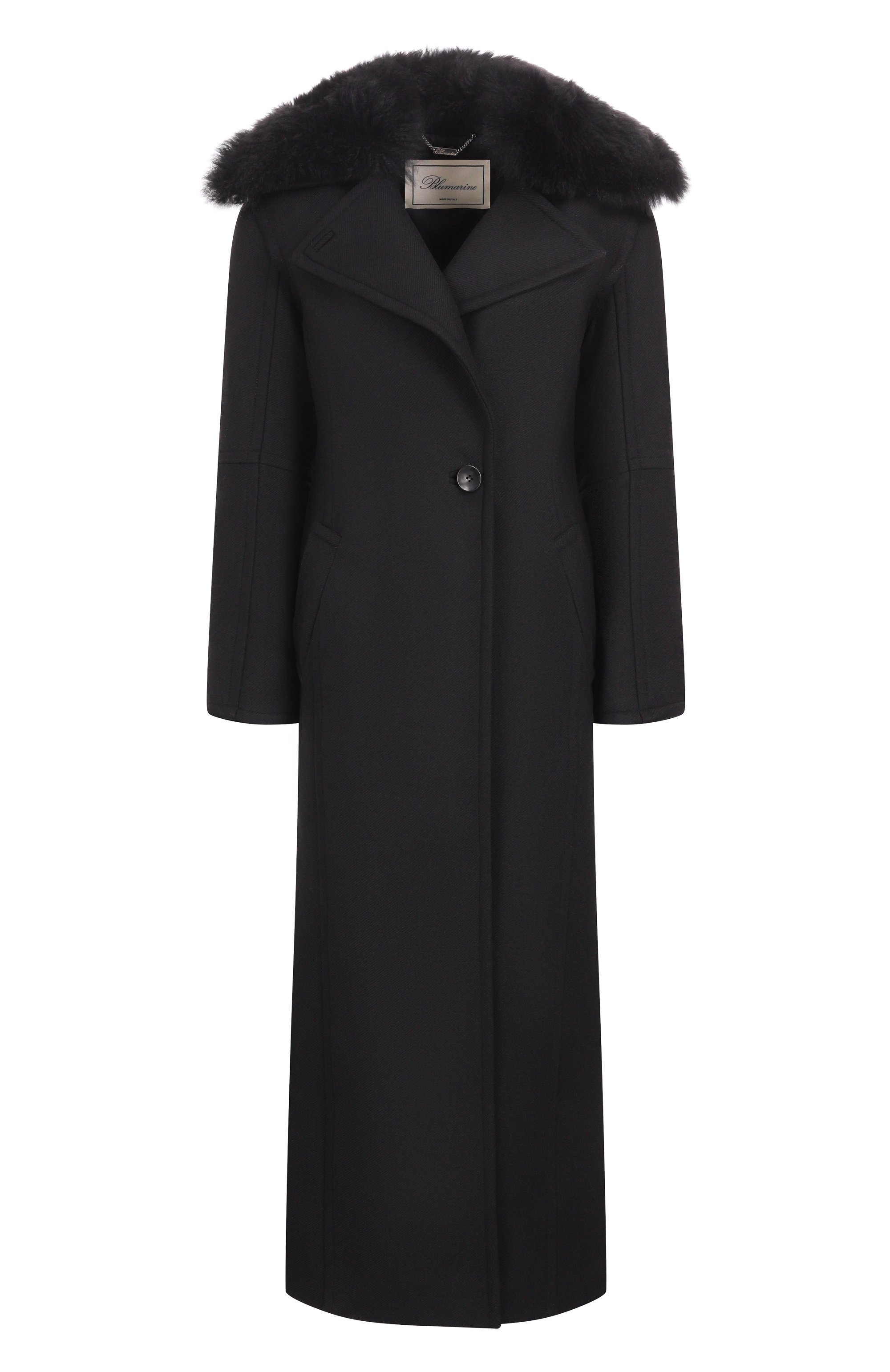 Шерстяное пальто с отделкой из овчины BLUMARINE черного цвета по цене 112000 руб., арт. 2S099W_SET, фото 1 Шерстяное пальто с отделкой из овчины BLUMARINE, арт. 2S099W_SET, фото 1