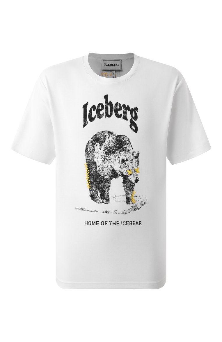 Мужская хлопковая футболка ICEBERG белого цвета, арт. F025/6307 | Фото 1 (Рукава: Короткие; Драгоценные камни: Проставлено; Длина (для топов): Стандартные; Материал сплава: Проставлено; Стили: Кэжуэл; Принт: С принтом; Материал внешний: Хлопок; Мужское Кросс-КТ: Футболка-одежда; Кросс-КТ: Джерси)