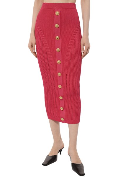 Юбка из вискозы BALMAIN розового цвета по цене 143000 руб., арт. AF0LD043KE18, фото 3 Юбка из вискозы BALMAIN, арт. AF0LD043KE18, фото 3