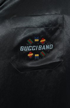 Мужская руб�ашка GUCCI черного цвета, арт. 591232 ZAC92 | Фото 5 (Рукава: Короткие; Случай: Повседневный; Материал внешний: Синтетический материал; Длина (для топов): Стандартные; Принт: С принтом; Материал сплава: Проставлено; Воротник: Отложной; Драгоценные камни: Проставлено; Стили: Кэжуэл)