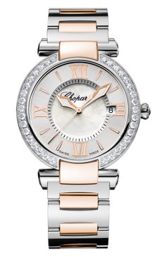 Женские часы imperiale CHOPARD бесцветного цвета, арт. 388532-6004 | Фото 1 (Цвет циферблата: Серебристый; Механизм: Кварц; Нос: Не проставлено; Региональные ограничения белый список (Axapta Mercury): Не проставлено; Материал корпуса: Сталь, Розовое золото)